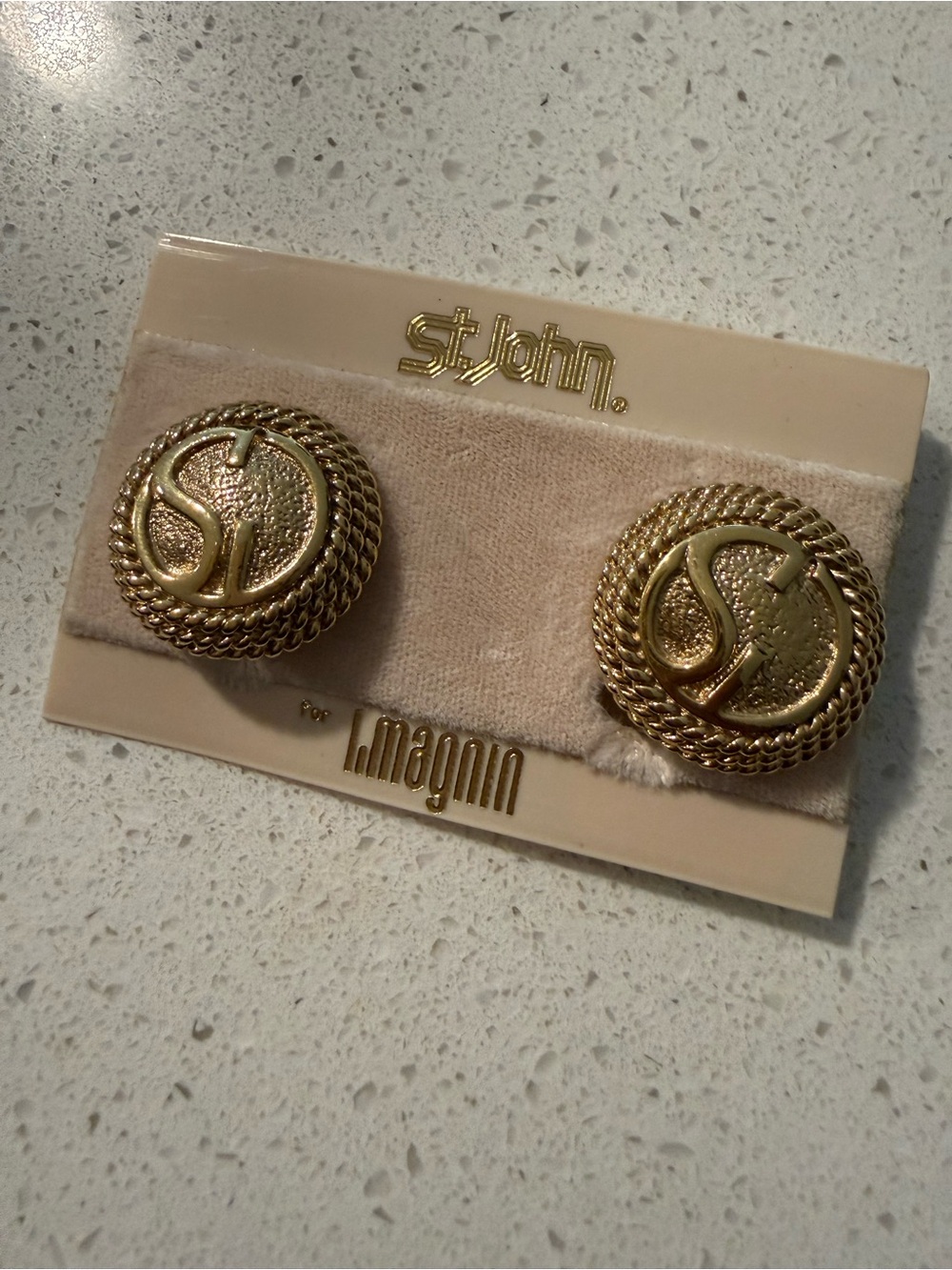 St. John Gold Tone Logo Button Clip on earrings